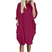 Plus Size Casual Dresses for Women Solid Color Rolled Up Long Sleeve Tshirt Dress with Pockets Fall Mini Blouses Dress