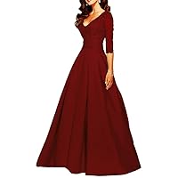 VeraQueen Women's V Neck Satin Prom Dress A Line Beaded Ball Gown with Sleeves Burgundy