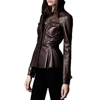 Lambskin Women’s Peplum Single Breasted Black Leather Flared Jacket For Motorcycling Partywear