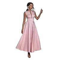 Women's V Neck Prom Dress Sleeveless Satin Evening Party Gowns