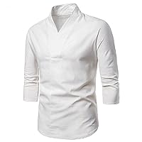 Mens 3/4 Sleeve Cotton Linen Shirts V Neck Hipster Slim Fit Stand Collar Chef Coats Big and Tall Beach Yoga Tops