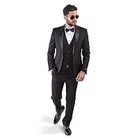 Slim Fit Tuxedo Suit 2 Button 3 Piece Vested Satin Notch Lapel 4030