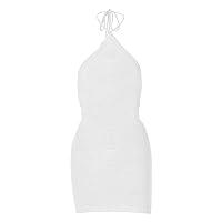 Women's Summer Dresses Ladies Dress Summer Solid Color Soft Fabric Sleeveless Halterneck Knitted Dress(White,Small)