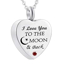 misyou I Love You to The Moon Back Crystal Heart Memorial Jewelry Stainless Steel Cremation Urn Pendant Personalized Birthstone Necklace for Women/Men