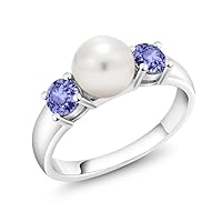 Gem Stone King 925 Sterling Silver Freshwater Pearl and Blue Tanzanite Ring For Women (0.76 Cttw, Gemstone December Birthstone, Available in Size 5,6,7,8,9)