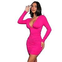 Dresses for Women - Plunging Neck Ruched Bodycon Dress