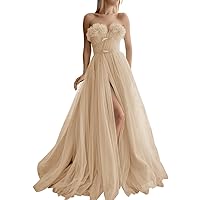 Tsbridal Tulle Strapless Prom Dresses Flower Ball Gowns for Women with Split Long Quinceanera Dresses
