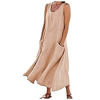 HTHLVMD Sleeveless Plus Size Tops Ladies Summer Business Fashion Linen Loose Tunic Deep Neck Soft Pleated Solid Tunics for Women Khaki