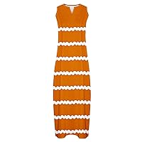 Womens Striped Maxi Dress Summer Sleeveless V Neck Beach Party Dresses Casual Loose Long Sundress with Pockets