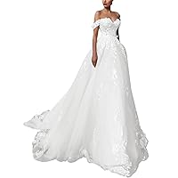 Classic Long Lace Wedding Dresses A-Line Off Shoulder Corset Back Bridal Gown for Women