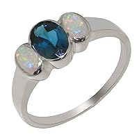 Solid 925 Sterling Silver Natural London Blue Topaz & Opal Womens Trilogy Ring - Sizes 4 to 12 Available