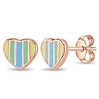 925 Sterling Silver Rose Gold Flashed Multicolor Enamel Heart Love Earrings for Young Girls, Pre-Teens and Teens - Vibrant Blue and Green Heart Earrings For Girls