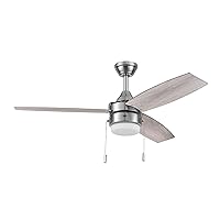 Honeywell Ceiling Fans Berryhill, 48 Inch Ceiling Fan with Color Changing LED Light, Pull Chain, Dual Mounting Options, 3 Dual Finish Blades, Reversible Airflow - 51857-01 (Brushed Nickel)