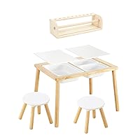 Beright Kids Table and Chair Set with Wooden Tabletop Paper Roll Dispenser, Paper is not Included, Indoor Sensory Table with 2 Chairs and 3 Storage Bins, Play Sand Water Table for Toddlers