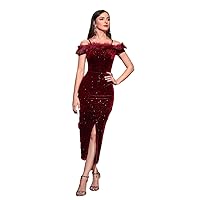 Womens Fall Fashion 2022 Fuzzy Trim Cold Shoulder Split Thigh Velvet Dress (Color : Burgundy, Size : Medium)