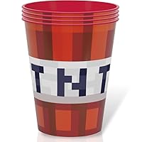 Unique Industries Minecraft Red Plastic Stadium Cups - 10oz (4 Count) | Durable & Reusable Drinkware For Kids' Birthday & Gaming Events