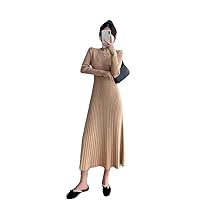 Womens Slim Long Sleeve Party Midi Dress Crew Neck Knitted Solid Pleated Dresses