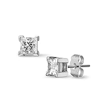 0.60 Carat Princess Cut CZ Diamond Solitaire Unisex Stud Earrings In 14K White Gold Plated 925 Silver
