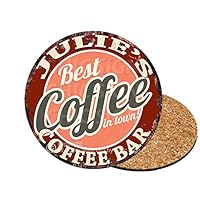JULIE’S Best Coffee in Town Coffee Bar 6 of Set Custom Personalized Coasters Rustic Shabby Vintage Style Retro Kitchen Bar Pub Coffee Shop Housewarming Gift Wedding Gift Ideas