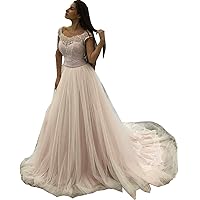 Melisa Illusion Crewneck Short Sleeves Lace up Corset Wedding Dresses for Bride Long Train Bridal Ball Gowns