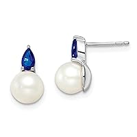 Solid 14k White Gold FWC Pearl and Sapphire Post Earrings - 12.35mm