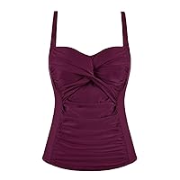 Hilor Women's Tummy Control Tankini Tops Ruched Modest Swimsuits Front Twist Bathing Suits Top Retro Swim Tops