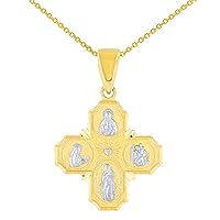 Solid 14K Yellow Gold Dainty Four Way Cross Charm with God Bless You Pendant Necklace