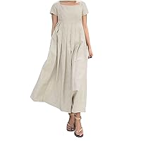 Vintage Summer Cotton Linen Dress for Women Casual Short Sleeve Pleated T Shirt Dresses Loose A-Line Beach Midi Dress