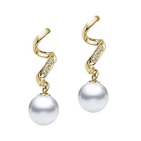 14k Yellow Gold AAAA Quality White Freshwater Cultured Pearl Diamond Dangle Earrings for Women - PremiumPearl