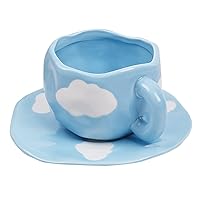 Ceramic Coffee Mug with Saucer Set, Cute Cloud Coffee Mug and Cup for Office and Home, Blue Sky and White Clouds Cups, 10oz/300ml for Latte Tea Milk