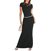 MEROKEETY Women's 2 Piece Skirt Sets Short Sleeve Crop Top Elastic Waist Summer Bodycon Lounge Sets