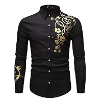 Gold Flower Floral Print Shirt Men Black Slim Fit Long Sleeve Mens Dress Shirts Business Casual Chemise