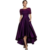 Women's Short Sleeves Evening Dresses Lace Embroidery with Pockets Prom Dresses Bright Purple
