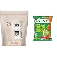 Isopure Unflavored Whey Isolate Protein Powder 25g, Zero Carb + Quest Chili Lime Tortilla Style Protein Chips, Baked, 20g Protein, Pack of 12