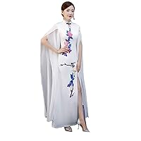 Chinese Style Chiffon Appliques Women's Qipao Dress Birthday Party Long Cheongsam Gown with Cape Shawl