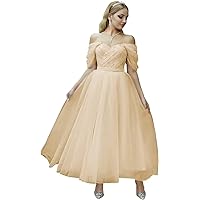 Tulle Prom Dress Tea Length Off The Shoulder Ball Gown Ruched Beaded Evening Formal Dresses for Women