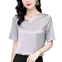 Summer Women's Basic Shirt V-Neck Shirts Short Sleeve Blouses for Women Solid Tops Real Silk Woman Satin Blouse