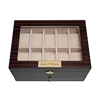 Personalized 20 Piece Ebony Walnut Wood Watch Display Case and Storage Organizer Jewelry Box