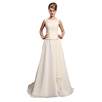 Ivory Chiffon Scoop Neck Drop Waist Wedding Gown With Ruffle Detail