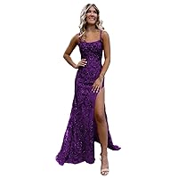Sequin Mermaid Prom Dresses for Women Spaghetti Straps Tulle Formal Gowns V Neck Evening Party Dress with Slit