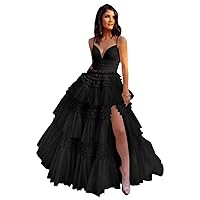 Glitter Tulle Prom Dresses with Slit Sparkle V-Neck Ball Gowns Elegant A-Line Spaghetti Straps Formal Evening Gowns