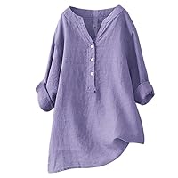 Tops for Women Solid Color Stand Collar Long Rolled Up Sleeve Shirt Casual Loose Blouse Button Down Tops Tshirts