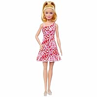 Barbie Fashionistas Doll #205 with Blonde Ponytail Wearing Removable Pink & Red Floral Dress, Platform Sandals & Hoop Earrings