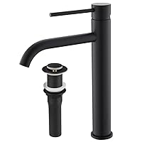 Single Hole Bathroom Vessel Sink Faucet with Long Reach Spout, Tall Faucet Include Pop up Sink Drain Stopper (Matte Black, 11.2 inch)