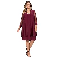 R&M Richards Short Mother of The Bride Plus Size Dress| Sheer Sleeves, Beaded Neckline Formal Dress | Perfect for Wedding Guests, Evening Party Or Any Other Special Occasion(18W, Merlot)