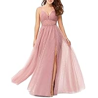 A-Line Elegant Prom Dress V Neck Sleeveless Floor Length Evening Dress with Beading Pleated Split Glitter 2024