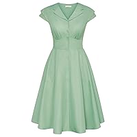Belle Poque Womens 1940s Vintage Dress Collar V Neck Button Down Dress Cap Sleeve Dress with Pockets