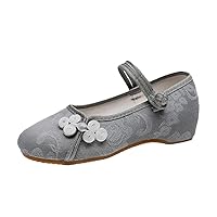 Women Low Heel Ankle Strap Shoes Solid Color Female Casual Dress Shoe Ethnic Style Pumps Vintage Mom Shoe Gray 4.5