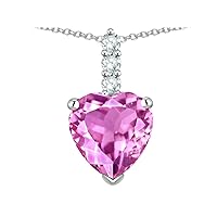 Solid 14K White Gold 8mm Heart Shaped Three Stone Pendant Necklace