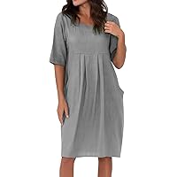 Summer Dresses for Women 2024, Trendy Short Sleeve Midi Dresses Crew Neck Pleated Ruched Tunic Dresses with Pockets